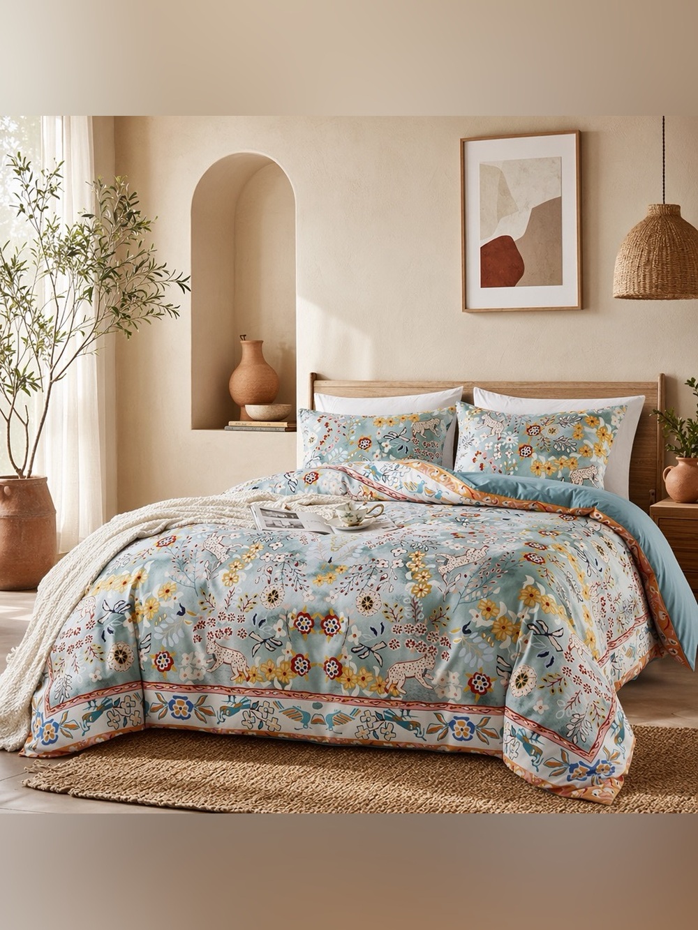 NEW Anthro Blue Jungle Multicolor Boho Queen / King Bedding Duvet & Sham Case - Picture 6 of 16